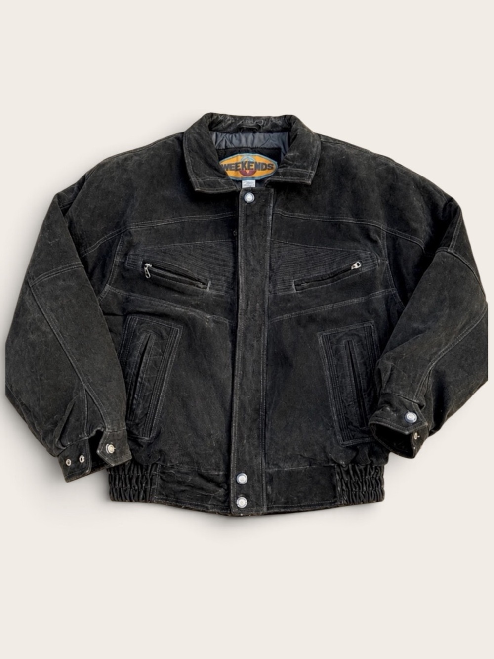 VINTAGE Weekends Black Genuine Leather Suede Moto Bomber Jacket Size L